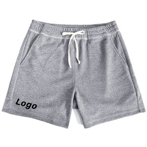 Shorts en coton gris pour homme, couleur unie, taille mi-haute, décontractés, respirants, tricotés, avec logo sur le bas du bas du pantalon - Product Image 1