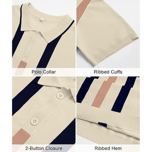 Polo de Punto Casual para Hombre, Manga Corta, Estilo Vintage a Rayas, Cierre de Botones, Corte Ajustado, para Golf o Vacaciones - Product Image 6