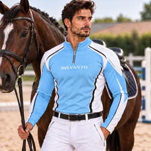 Camisa de Competición Ecuestre Personalizada Azul Cielo para Hombre |   Camisa de equitación premium de poliéster de 220 GSM con manga larga y cremallera de un cuarto - Product Image 1