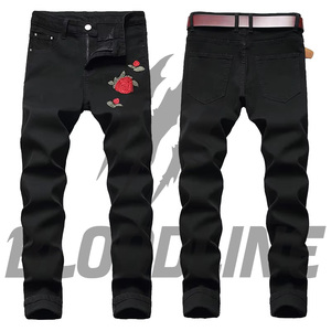 Jean en denim noir coupe droite pour homme BLOODLINE, décontracté, taille mi-haute, en coton, broderie florale, style automne - Product Image 2