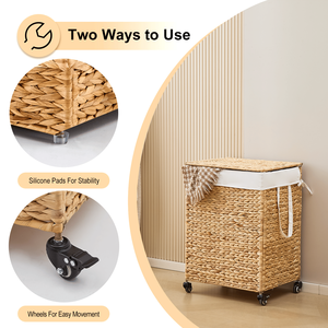 Moderno Cesto Portabiancheria da 100L a 2 Scomparti con Coperchio e Ruote in Giacinto d'Acqua Naturale Intrecciato per Uso Bagno - Product Image 5
