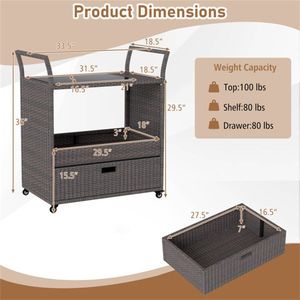 Chariot de bar d'extérieur en rotin PE tressé à la main avec plateau en verre trempé et tiroir, 4 roues avec freins, chariot de service pour mobilier de patio - Product Image 4