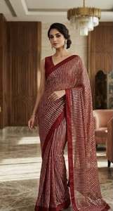 Sari en Georgette avec travail de sequins pour occasions spéciales, accompagné d'un chemisier en satin de Bangalore - Product Image 3