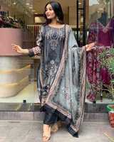 Conjunto de Fiesta Elegante de Muselina con Estampado Digital, Top y Pantalón con Dupatta, Color Gris, Algodón AG307