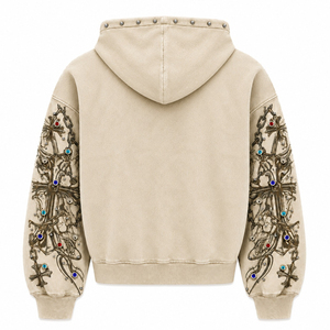 SHH INDUSTRIES Custom Vintage Washed 100% Cotton Hoodie Trendy Digital Embroidery <b>Zip</b> Sweatshirt Rhinestone Detail Street Wear - Product Image 2