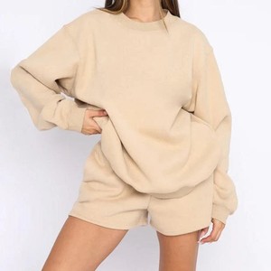 Women Oversized Crew Neck Sweatshirt Set Solid Color Knitted Cotton <b>Drop</b> Shoulder Long Sleeve Breathable Autumn Wear - Product Image 1