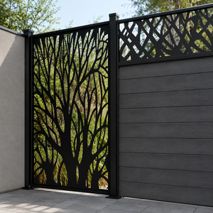 Portail d'entrée moderne en métal noir avec panneaux à lattes horizontales à motif d'arbre découpé au laser et design extérieur contemporain élégant - Product Image 4