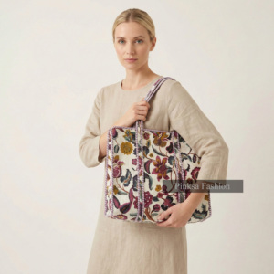 Bolso Tote de Lona Acolchado, Ligero, de Gran Capacidad, Personalizado OEM, con Estampado Floral, Estilo Kantha, con Bolsillo Interior, para Fin de Semana, Verano - Product Image 1