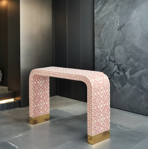 Console de salle de bain avec incrustation de nacre grise et tabouret assorti, disponible à prix de gros. - Product Image 3
