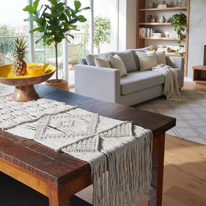 14 X 78 inches White Macrame Cotton Handmade <b>Table</b> <b>Runners</b> Boho Style Modern Knotted Design <b>Runner</b> for Home Decore - Product Image 3