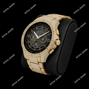 Gold Tone Crystal Stone <b>Black</b> Skeleton Dial Round Face Chronograph Style Fashion <b>Watch</b> With Detailed Multi Display Luxury Design - Product Image 3