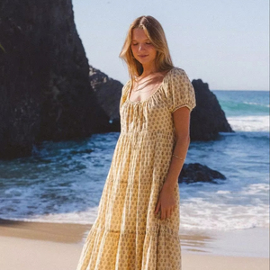 Wholesale Women Boho Floral Maxi <b>Dress</b> Short Sleeve Square Neck <b>Loose</b> Fit Casual Cotton Hand Print <b>Dress</b> - Product Image 1