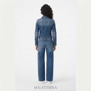 Combinaison en jean pour femme, tenue une pièce bleue, style veste ajustée à manches longues, pantalon large, streetwear - Product Image 2
