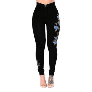 <b>Women</b> Fashion High Waist <b>Black</b> Skinny Jeans Blue Floral Embroidery Stretch Denim Pants Casual Slim Fit <b>Trousers</b> - Product Image 1