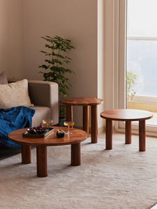Modern Round Wood Coffee <b>Table</b> Set <b>Nesting</b> Minimalist Living Room Furniture Solid Wood Base - Product Image 5
