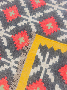 Tapis d'intérieur en laine et jute tissé à la main, motif géométrique, style Kilim Bohème Marocain Tribal Sud-ouest, couleur Rouge Charbon Moutarde, pour salon - Product Image 5