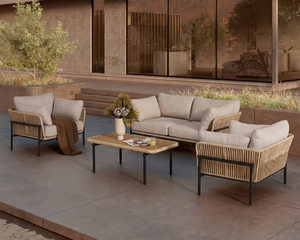Contemporary Scandinavian Design Solid Oak Outdoor Sofa Set 4 Seater Weather Resistant Garden Furniture Steel Frame Beige - Product Image 1