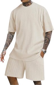 Ensemble deux pièces tricoté décontracté à col rond imprimé couleur unie T-shirt de sport pour homme coupe décontractée - Product Image 2