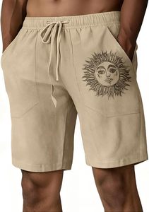 Shorts de plage décontractés pour hommes en coton brodé avec imprimé soleil, taille mi-haute et cordon de serrage - Product Image 6