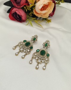 Designer Kundan Gemstone Oval Cut <b>Dangle</b> Statement <b>Earrings</b> Antique <b>Gold</b> Plated For Festivals Wedding Reception Party Wholesaler - Product Image 6