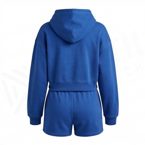 Conjunto Deportivo de 2 Piezas para Mujer, Sudadera con Capucha Azul y Pantalones Cortos, Corte Holgado Informal, Felpa, Color Sólido, por Encima de la Rodilla - Product Image 5