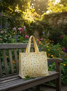 Women Yellow Quilted Cotton <b>Tote</b> <b>Bag</b> with Floral Hand Print Bohemian Style <b>Summer</b> Casual Open Shopping <b>Bag</b> - Product Image 5