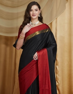 KV Women's Black & <b>Red</b> Cotton Silk Solid Print Saree With Unstitched <b>Blouse</b> - Product Image 1