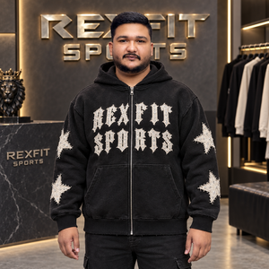 Sudadera con capucha personalizada para hombre, con cremallera, forro polar grueso, aplique de estrella con pedrería, estilo urbano oversize, informal, para invierno - Product Image 1