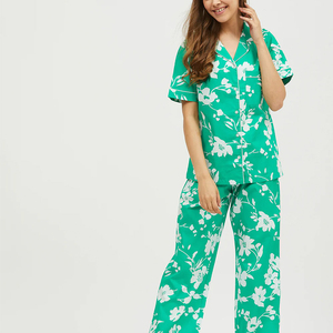 Pyjama en coton à imprimé floral pour femmes, manches courtes, col en V, longueur intégrale, vêtements de nuit d'été, doux, respirant, ensemble décontracté deux pièces - Product Image 1