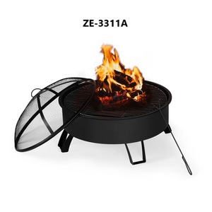 Brasero rond en acier pour bois avec écran anti-étincelles, pique à bois et grille interne pour terrasse extérieure - Product Image 1