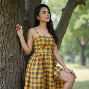 Robe d'été faite à la main par des artisans qualifiés de couleur moutarde avec motif à carreaux de buffle robe d'été pour femmes - Product Image 2