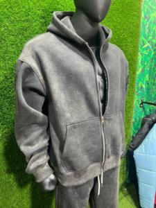 Men 100% Cotton Fleece Distressed Embroidery Applique Tracksuit Breathable Acid Washed Oversized <b>Hoodie</b> & Pants Tracksuit Set - Product Image 5