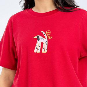 เสื้อยืดลำลองผู้หญิงสีแดง พิมพ์ลายตัวอักษร คอกลม แขนสั้น ทรงหลวม ผ้าฝ้าย 100% สไตล์เจอร์ซีย์ สำหรับฤดูใบไม้ผลิและฤดูร้อน - Product Image 6