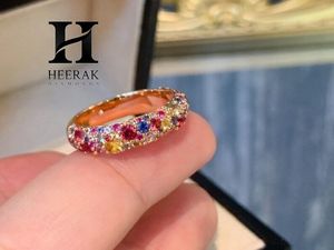 Luxury Rainbow Sapphire Pave Eternity Band 14K Gold Multi Color Gemstone <b>Dome</b> <b>Ring</b> Confetti Diamond Stacking Wedding Jewelry - Product Image 1