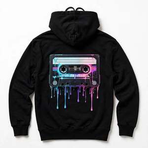 Sudadera con capucha negra gruesa especial de invierno con estampado gráfico retro de cinta de casete con efecto neón, estilo urbano, unisex. - Product Image 2