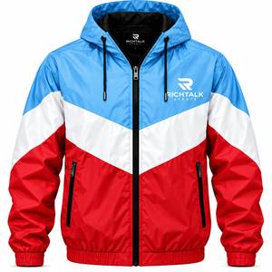 Blouson bomber à capuche pour homme, coupe-vent, color block, fermeture éclair frontale, rouge, blanc, bleu, style sportif automne - Product Image 1