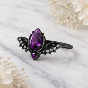 Anillo Gótico de Plata de Ley 925 Maciza con Amatista en Forma de Pera, Bañado en Oro Negro y Rodio, Conjunto de Anillos de Boda para Pareja con Gema, Ideal para Fiestas - Product Image 4
