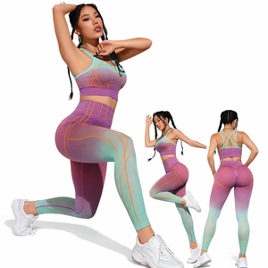Conjunto Deportivo sin Costuras para Mujer: Sujetador Cruzado Colorido y Leggings de Cintura Alta para Fitness, Running y Entrenamiento - Product Image 2
