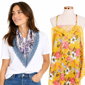 Women Floral 100% Cotton Square Shawl Lightweight Scarf with Lace Trim Multi-Purpose Summer Wear SC-33 - Product Image 3