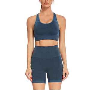 Conjuntos Deportivos de Yoga sin Costuras para Mujer, 2 Piezas, Top Corto de Manga Corta y Pantalones Cortos de Cintura Alta para Correr - Product Image 1