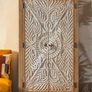 Luxury Handcrafted Solid Wood 2 Door <b>Wardrobe</b> Ornate Leaf Mandala Carving Natural Finish Armoire - Product Image 2