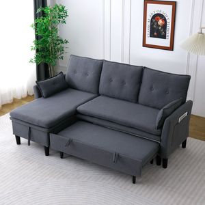 Dark <b>Grey</b> Reversible L-Shaped Chaise Sectional Sofa with <b>Storage</b> Cotton Linen for Office and Apartment Use - Product Image 3