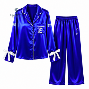 Zeta Phi Beta Women's Satin Pajama <b>Set</b> Long Sleeve Button-Up Embroidered Two <b>Piece</b> Sleepwear Blue With <b>White</b> Trim Lounge <b>Set</b> - Product Image 1