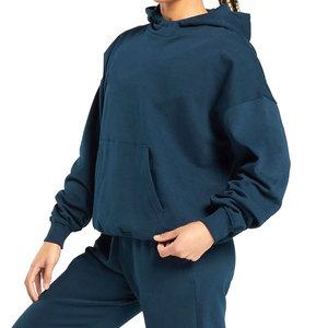 Sweat à capuche oversize en molleton de coton bleu marine pour femme, couleur unie, manches longues, respirant, idéal pour l'automne, avec poches - Product Image 1
