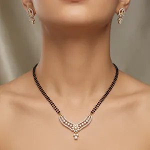Collier en zircone cubique en gros pour femmes, plaqué or, perles noires, bijoux de mariage indiens pour mariée - Product Image 4