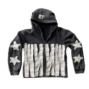 Sweat-shirt à capuche zippé noir pour homme, avec étoiles appliquées, style streetwear uni, coupe régulière, manches classiques, en coton tricoté anti-boulochage, ODM - Product Image 1