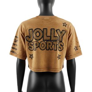 Women Crop <b>Top</b> T Shirt Premium GSM Cotton Jersey Vintage Wash Hotfix <b>Rhinestone</b> Logo Crop Tee Breathable Women Crop <b>Top</b> T Shirt - Product Image 2