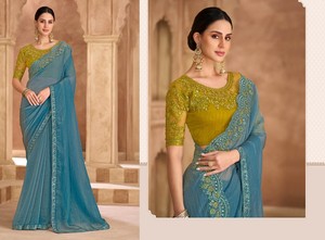 Sari en soie satinée moderne pour femmes - occasions de fête, bal et Diwali - Product Image 4
