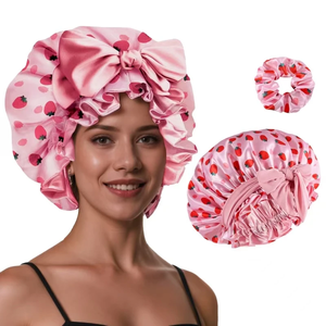 Gorro de Seda para Dormir para Mujer, Gorro de Satén Estampado para el Cabello con Banda Ajustable y Lazos para Cabello Rizado - Product Image 2