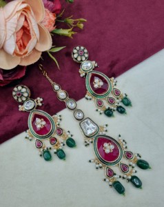 Royal Teardrop Motif Kundan Meenakari Work <b>Necklace</b> Set With Earrings And Mangtika Traditional Ethnic Wear Gold Plated Jewellery - Product Image 6